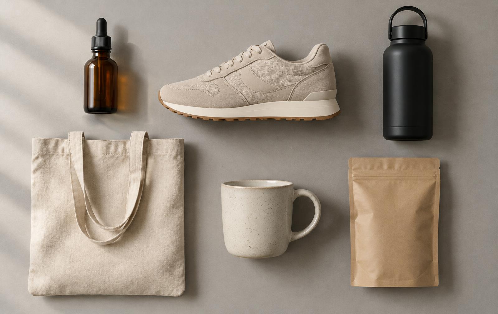 A flat lay of consumer products on grey paper