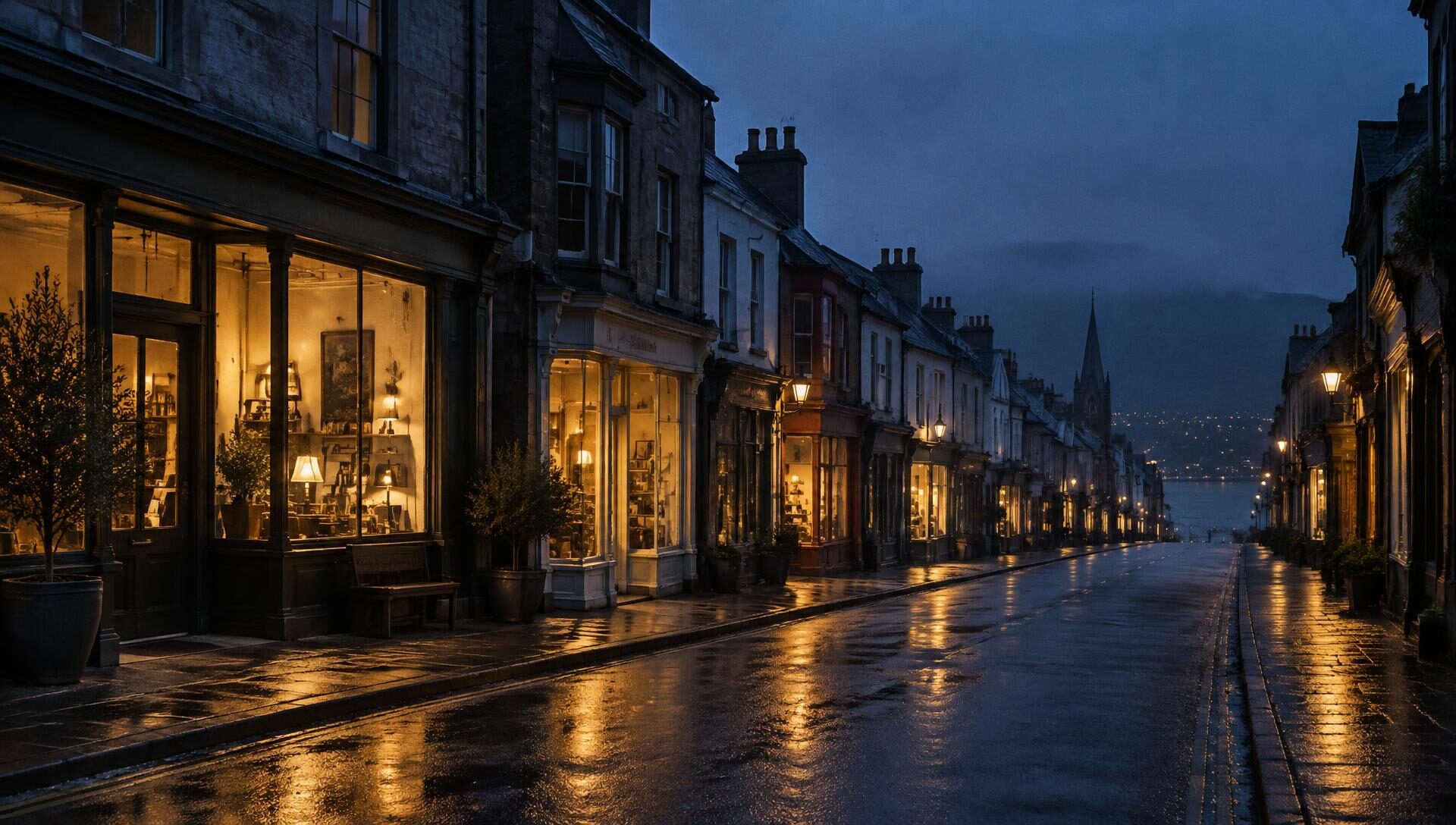 A street of small shops at dusk, windows lit